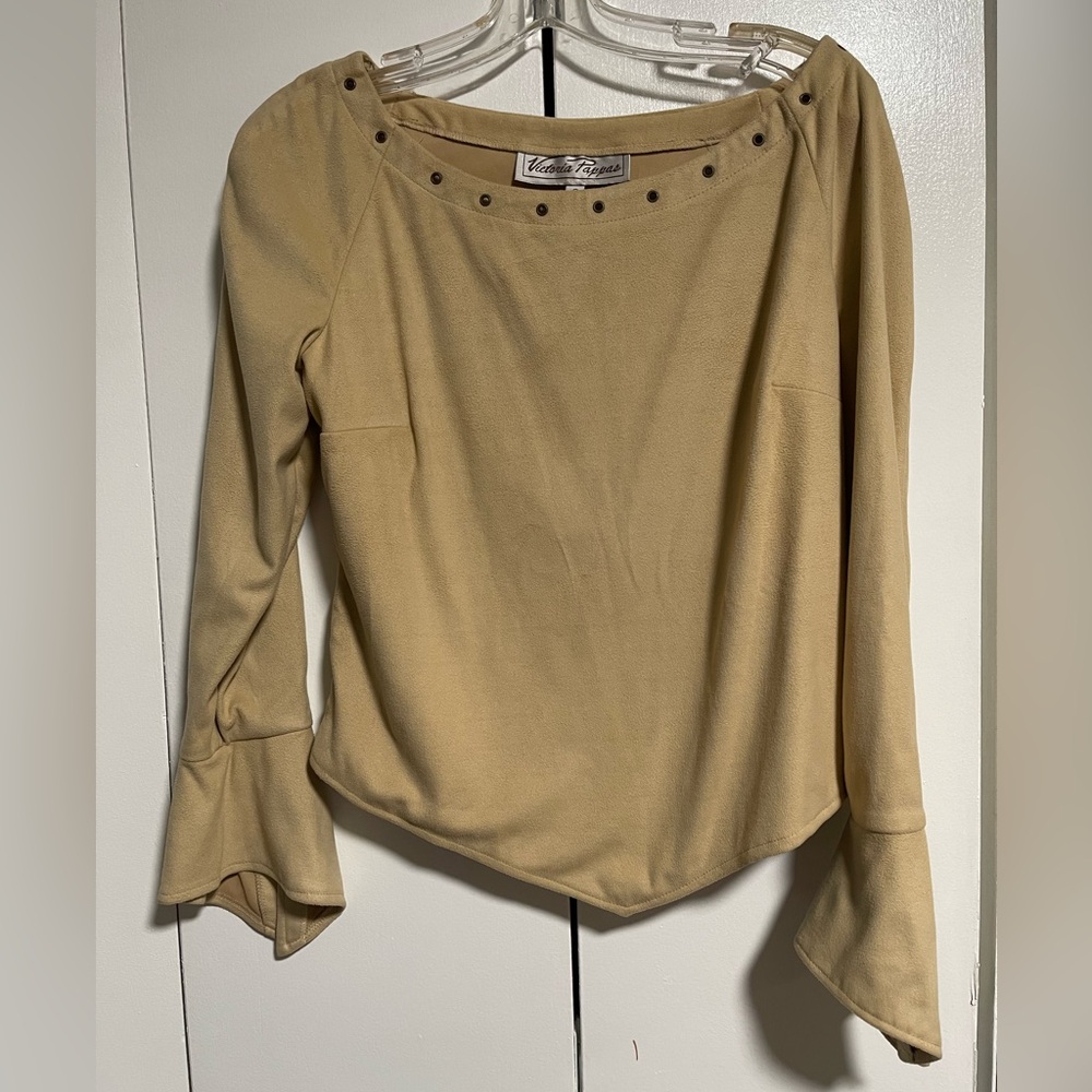 Vintage Victoria Pappas Faux Suede Beige Blouse with Stud Details